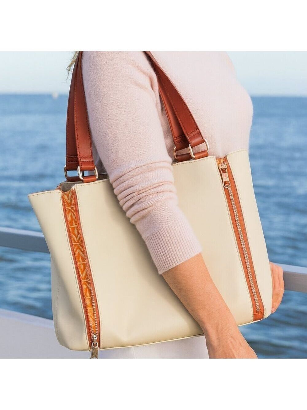 🌼 Spartina 449 Genuine Leather Expandable Tote – Cream & Caramel | Excellent